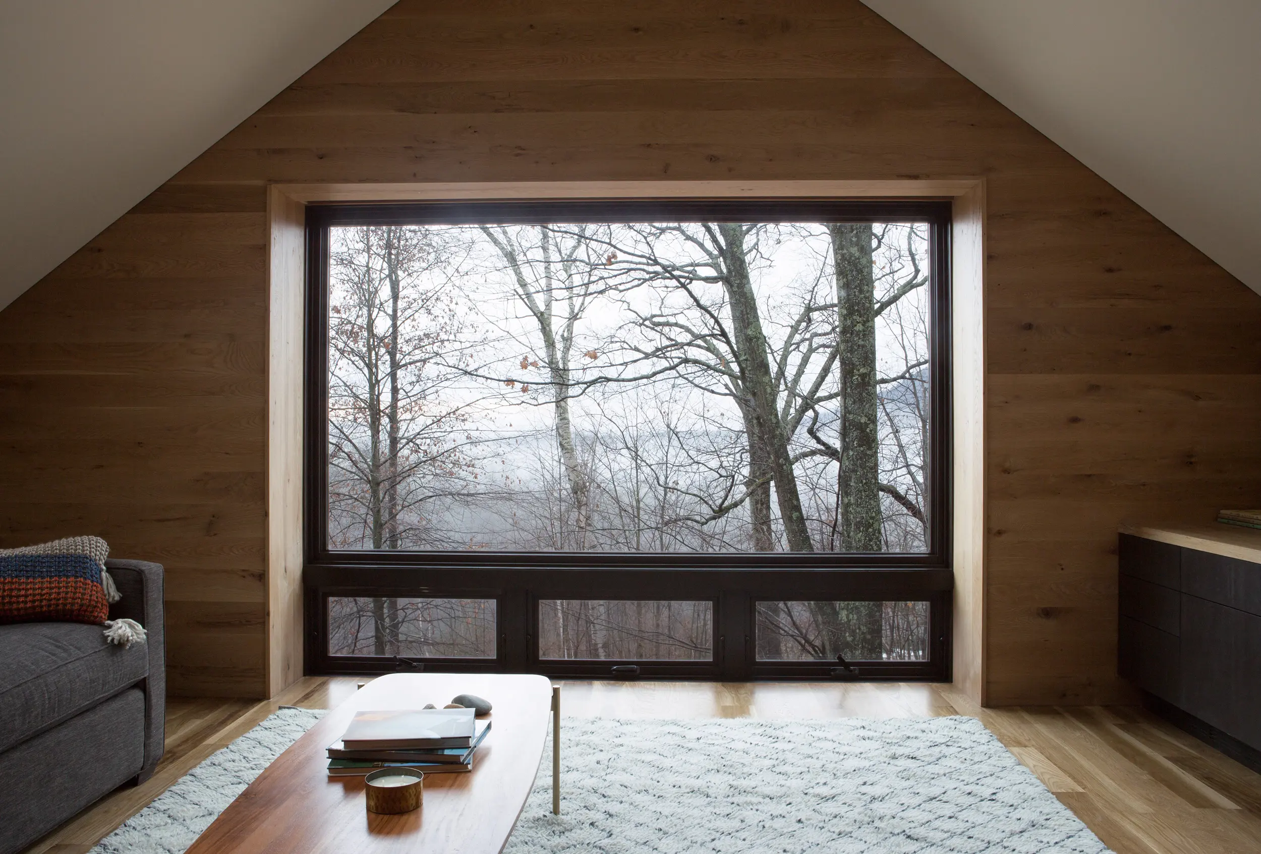 Morgan Architecture berkshire study modern picture window treetop view oak wood paneling